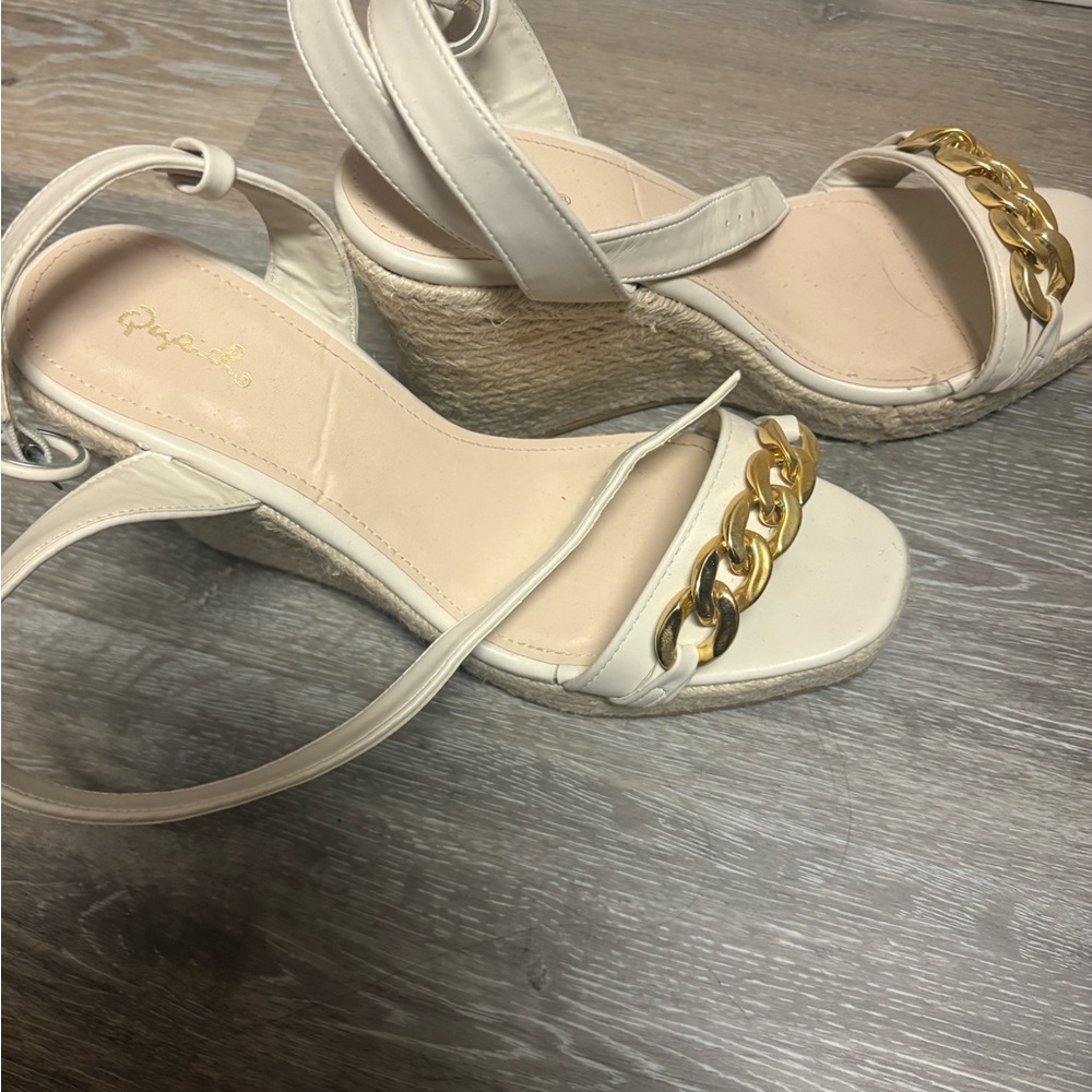 Beige and Gold Wedge Sandals